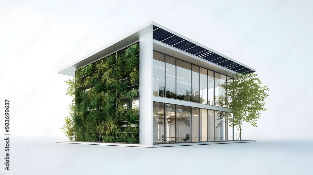 Modern Eco-Friendly Commercial Building with Vertical Green Wall and Solar Panels Modern Eco-Friendly Commercial Building with Vertical Green Wall and Solar Panels