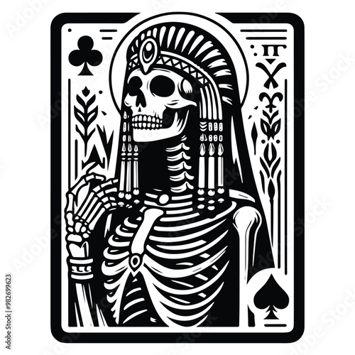 cleopatra skeleton with tarot card decoration in black and white illustrations, cutout graphic