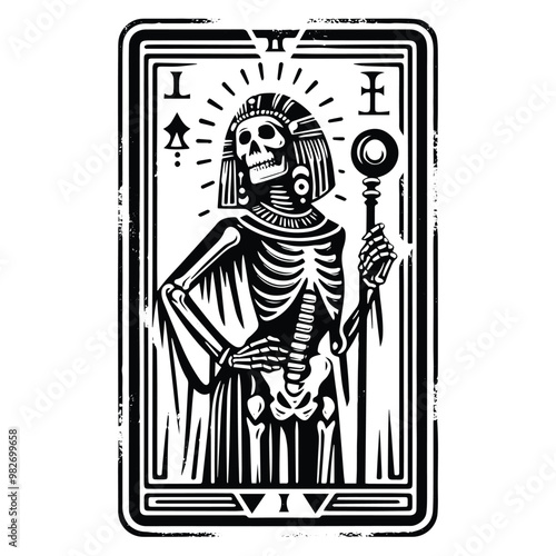 cleopatra skeleton with tarot card in black and white illustrations, cutout graphic