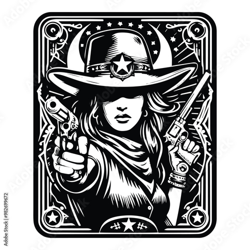 cowboy female inside tarot card in black and white illustrations, cutout graphic