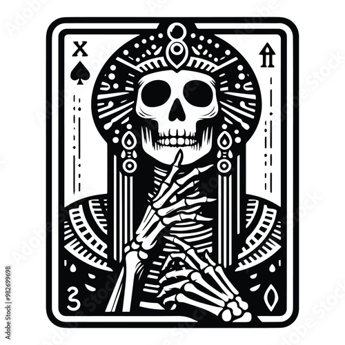 cleopatra skeleton with tarot card decoration in black and white illustrations, cutout graphic