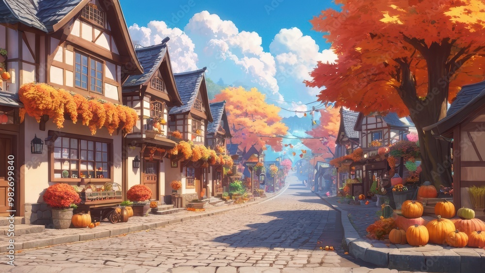 Cozy Autumn Street with Colorful Leaves and Pumpkins Cozy Autumn Street with Colorful Leaves and Pumpkins