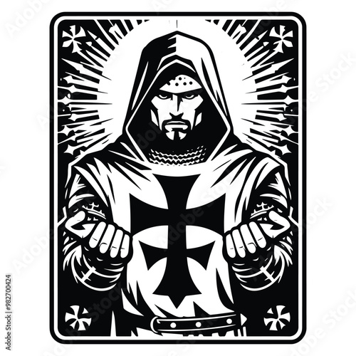 Crusader Templars Knights male with tarot card in black and white illustrations, cutout graphic black and white illustration