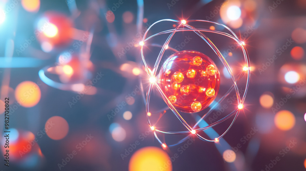A scientific visualization of an atom in a cloud model, showing electrons as probability clouds around the nucleus, A scientific visualization of an atom in a cloud model, showing electrons as probability clouds around the nucleus,