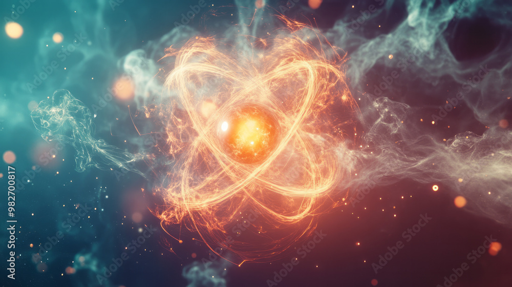 A scientific visualization of an atom in a cloud model, showing electrons as probability clouds around the nucleus, A scientific visualization of an atom in a cloud model, showing electrons as probability clouds around the nucleus,