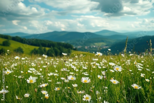 Green meadow with field flowers. Nature landscape with high attitude grass. Beautiful scenery in the Carpathian Mountains , ai