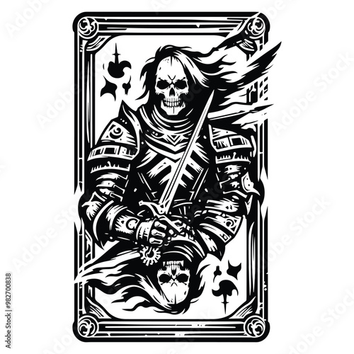 death knight with tarot card in black and white illustrations, cutout graphic