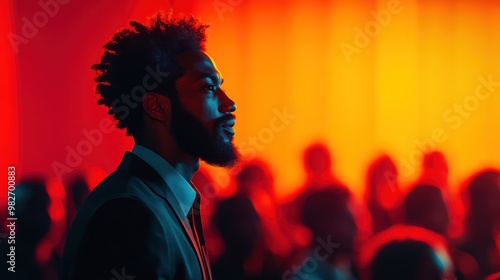 A Man in a Suit Looks Out at a Crowd