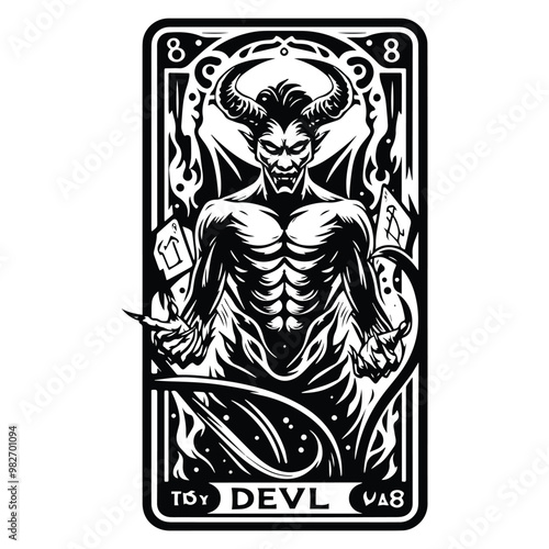 Devil with tarot card in black and white illustrations, cutout graphic