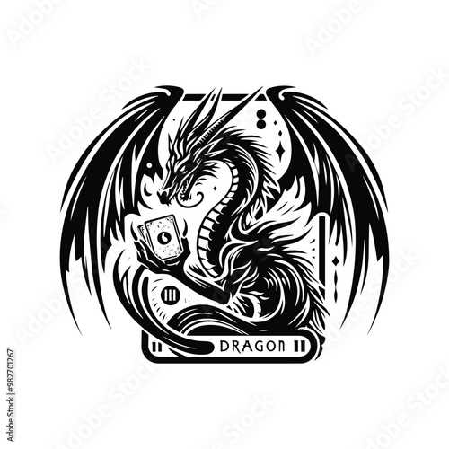 dragon with tarot card decoration in black and white illustrations, cutout graphic
