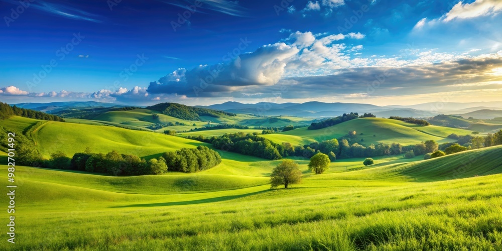 Obraz premium Idyllic meadow with rolling hills and clear blue sky, nature, landscape, serene, peaceful, tranquil, countryside, greenery