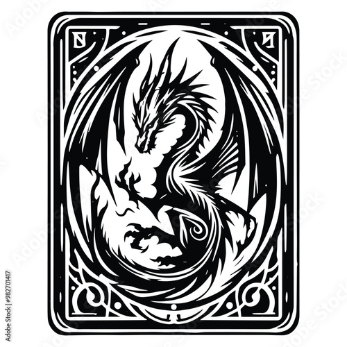 dragon with tarot card in black and white illustrations, cutout graphic
