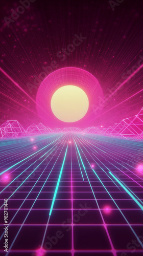  synthwave sun setting over an endless grid of neon lines hd phone wallpaper photo