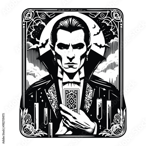 dracula with tarot card decoration in black and white illustrations, cutout graphic