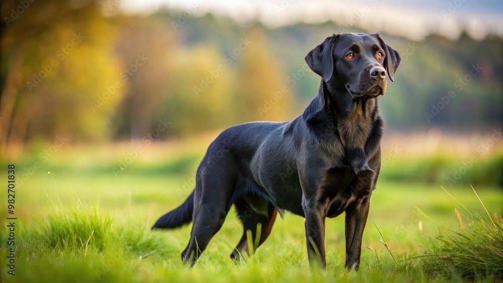 Black labrador retriever with shiny coat standing in grassy field, dog, pet, animal, outdoor, nature, retriever, black Black labrador retriever with shiny coat standing in grassy field, dog, pet, animal, outdoor, nature, retriever, black