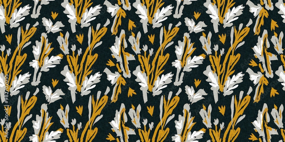 Modern printed fabric flower block print pattern with linen texture effect. Stylized boho dark floral for chic fashion background motif border design. Modern printed fabric flower block print pattern with linen texture effect. Stylized boho dark floral for chic fashion background motif border design.