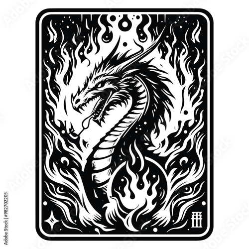 fire dragon with tarot card in black and white illustrations, cutout graphic