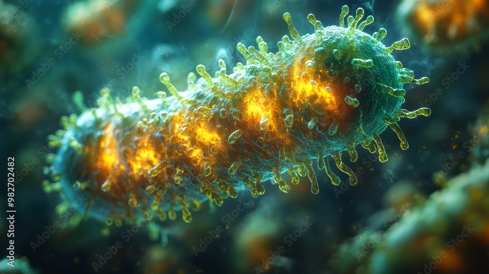 A close-up of a single bacterium undergoing binary fission, A close-up of a single bacterium undergoing binary fission,