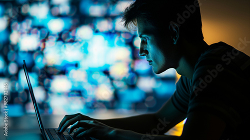 Person sitting alone in dimly lit room using laptop, concerned about social media privacy with thoughtful expression. Focus on digital security and online presence.