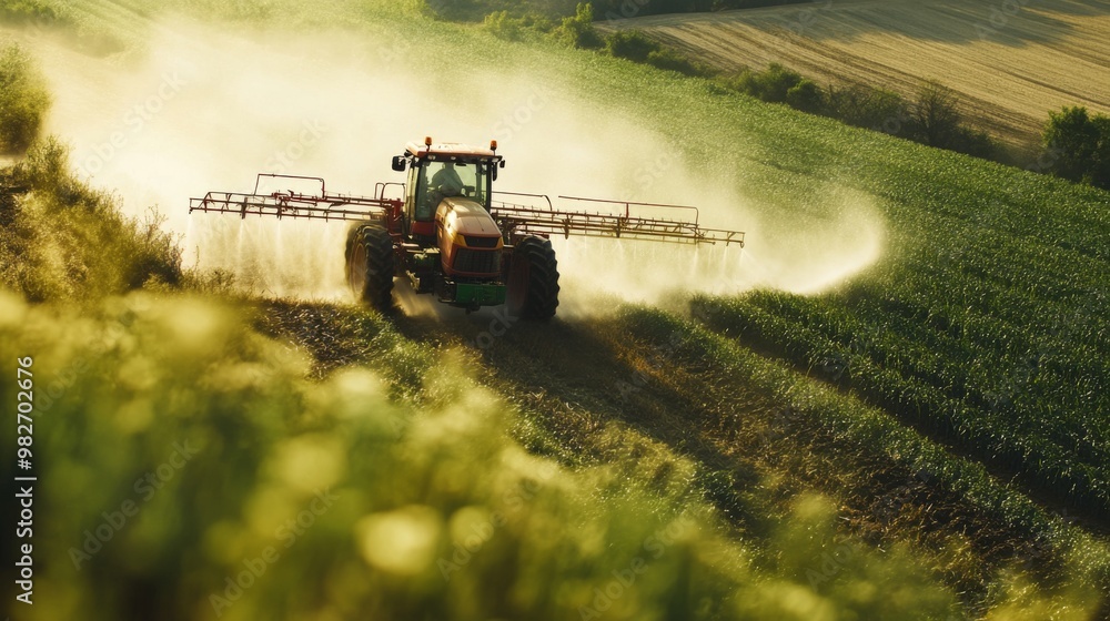 Fototapeta premium Agricultural equipment spraying water on a farm or agricultural land, possibly for irrigation purposes