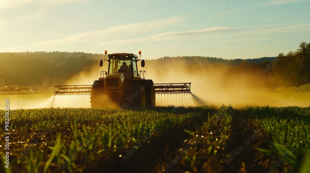 Fototapeta premium Agricultural equipment spraying water on a farm or agricultural land, possibly for irrigation purposes