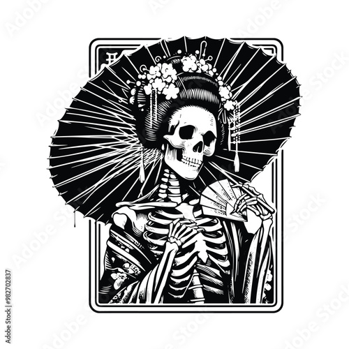 geisha skeleton with tarot card in black and white illustrations, cutout graphic