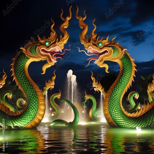 Wallpaper Mural Green and golden serpents are playing in the water at night. Torontodigital.ca