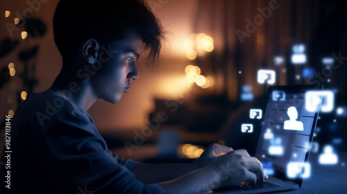 Person sitting alone in dimly lit room using laptop, concerned about social media privacy with thoughtful expression. Focus on digital security and online presence.