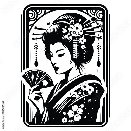 geisha with tarot card decoration in black and white illustrations, cutout graphic