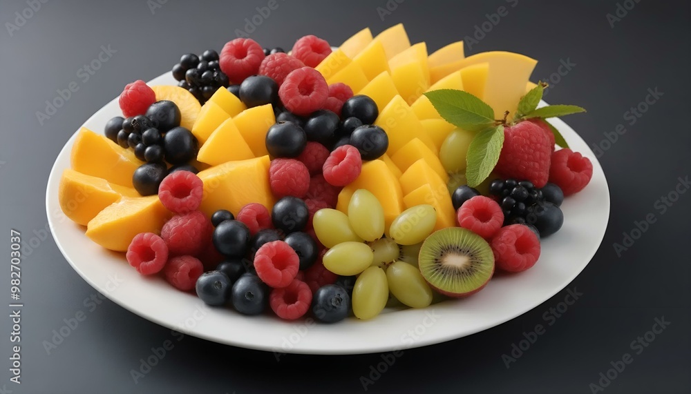 Colorful fruit platter featuring melons, berries, and kiwi on a white plate Colorful fruit platter featuring melons, berries, and kiwi on a white plate