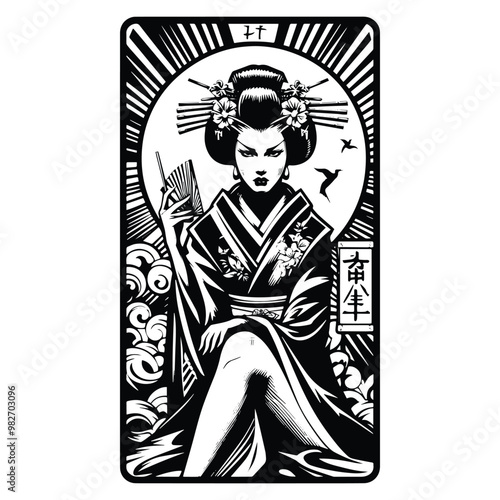 geisha with tarot card in black and white illustrations, cutout graphic