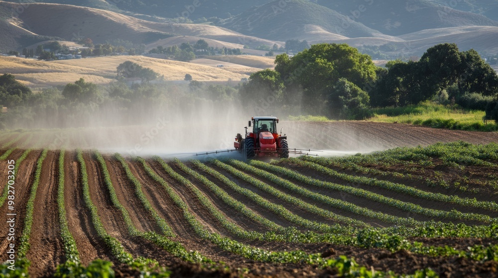 Fototapeta premium Agricultural equipment spraying water on a farm or agricultural land, possibly for irrigation purposes
