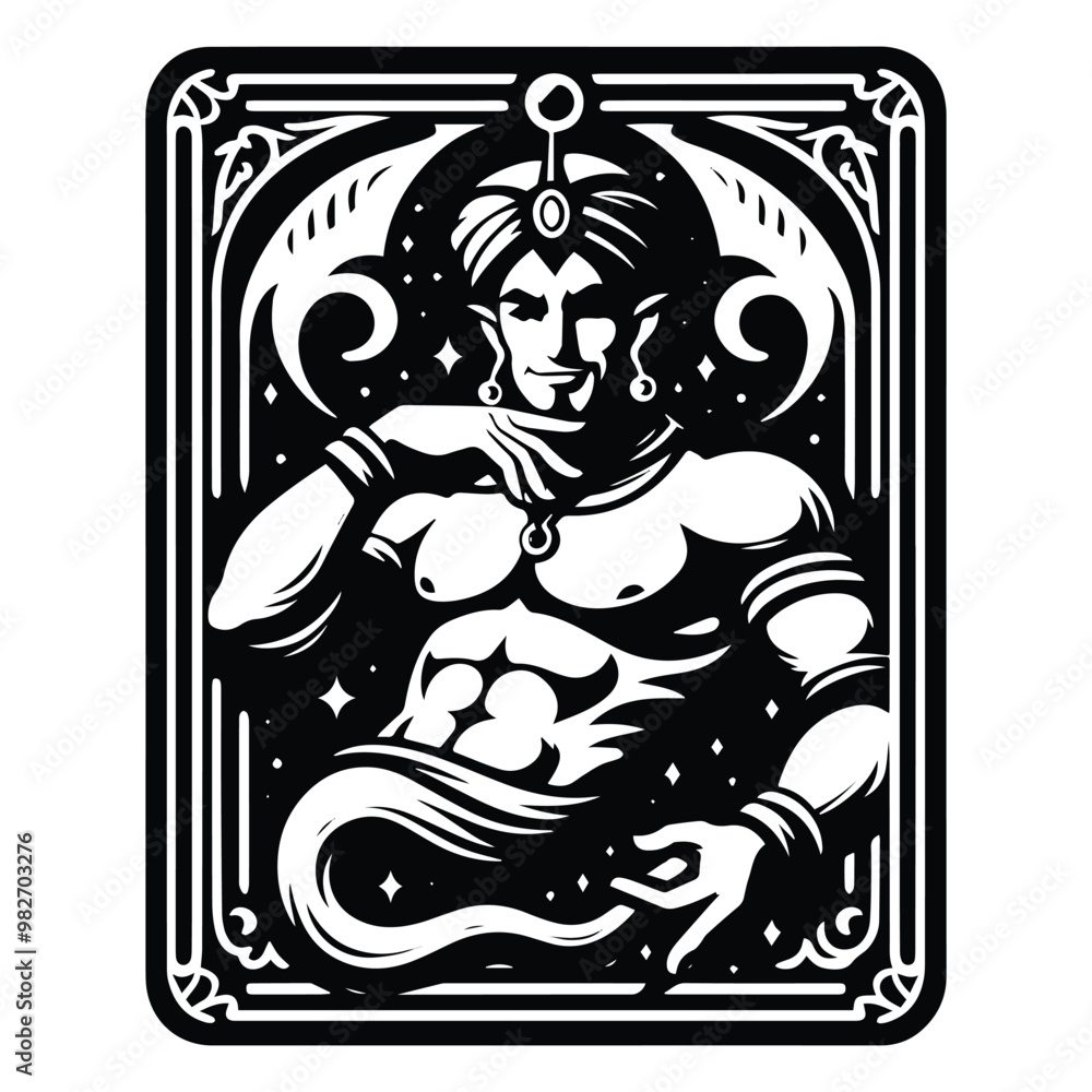 Genie male with tarot card in black and white illustrations, cutout graphic black and white illustration Genie male with tarot card in black and white illustrations, cutout graphic black and white illustration