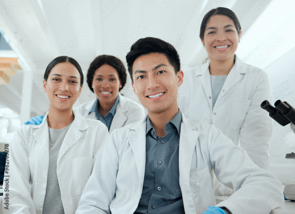 Fototapeta premium Laboratory, teamwork and doctors in portrait with happiness for science, medical career and microbiology study. Collaboration, scientist and biologist staff with smile for experiment, research or job