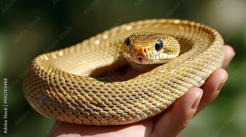 Fototapeta premium A golden snake is coiled in a hand, showcasing its smooth texture and vibrant colors against a blurred natural background.