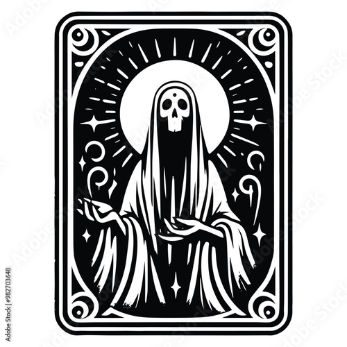 ghost with tarot card in black and white illustrations, cutout graphic