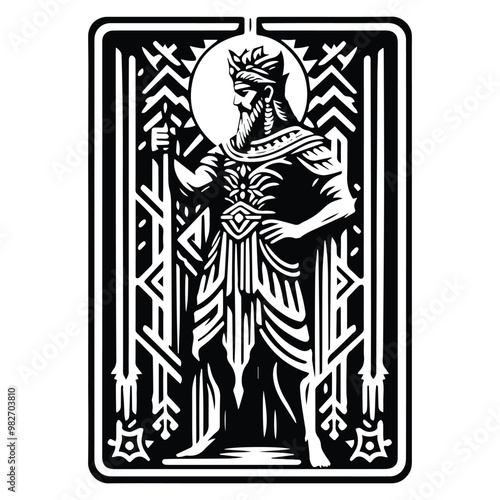 Gilgamesh with tarot card in black and white illustrations, cutout graphic