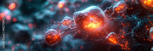 A detailed shot of a nanorobot injecting a drug directly into a specific cell, with other nanobots monitoring the surrounding area, photo