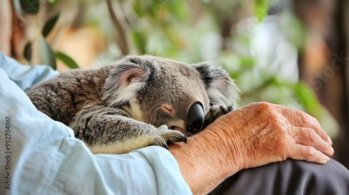 A peaceful koala sleeps soundly on a person’s arm, showcasing a tender moment of connection with nature. photo