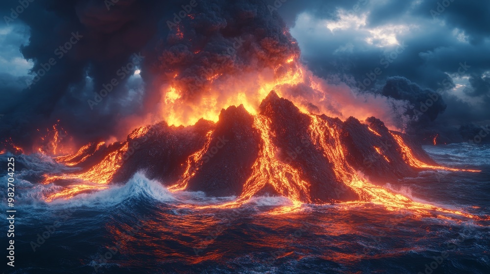 Volcanic island at dusk, glowing lava streaming into the ocean, ash clouds, waves crashing against the molten rock, neon highlights, futuristic landscape, wide-angle lens shot Volcanic island at dusk, glowing lava streaming into the ocean, ash clouds, waves crashing against the molten rock, neon highlights, futuristic landscape, wide-angle lens shot