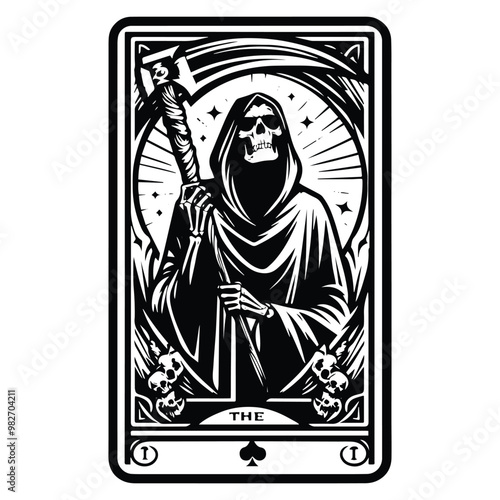 grim reaper with tarot card in black and white illustrations, cutout graphic