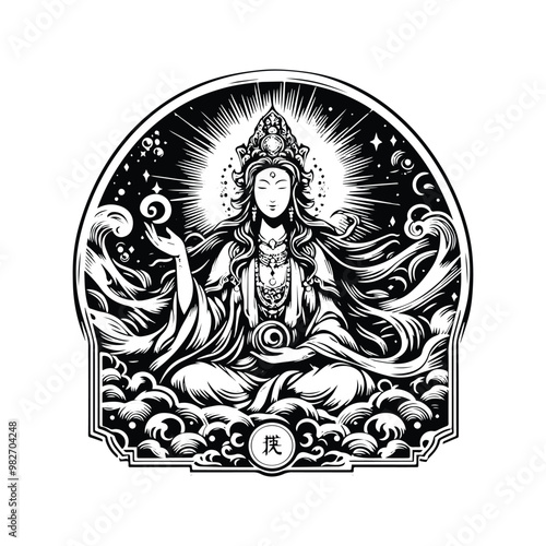Guan Yin goddess inside tarot card in black and white illustrations, cutout graphic