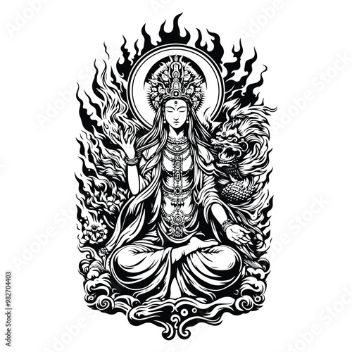 Guan Yin goddess with tarot card in black and white illustrations, cutout graphic