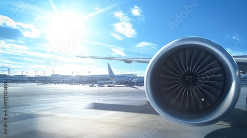 Airplane engine with clear day and airport activity, Clear Day, Sunny Flights