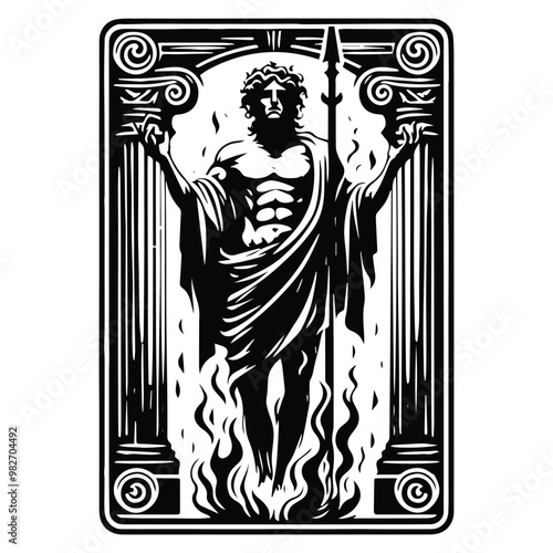 Hades greek god with tarot card in black and white illustrations, cutout graphic