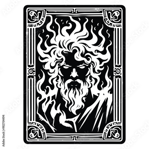 Hades greek god with tarot card in black and white illustrations, cutout graphic