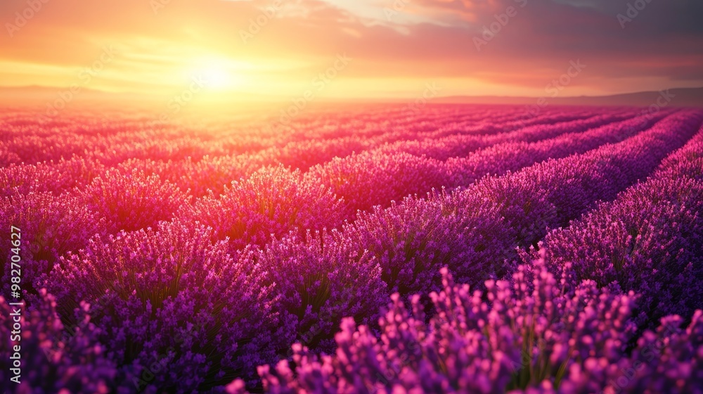 Fototapeta premium Aerial panorama of lavender fields, warm golden hour lighting casting long shadows, vibrant purple flowers creating patterns, soft hazy horizon, photorealistic landscape