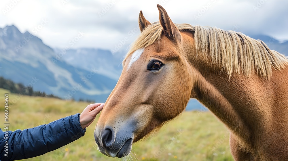 Obraz premium A chestnut horse interacts with a person in a serene mountain landscape, showcasing a bond between human and animal.