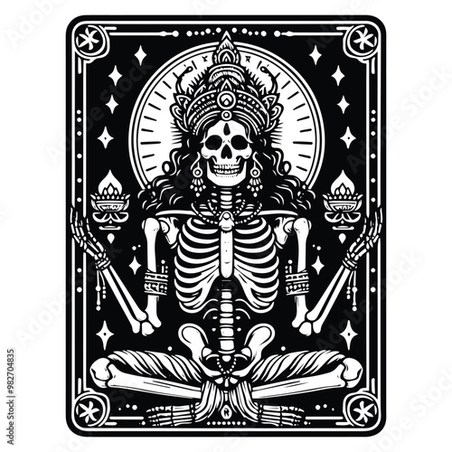 hindus Brahma skeleton with tarot card decoration in black and white illustrations, cutout graphic