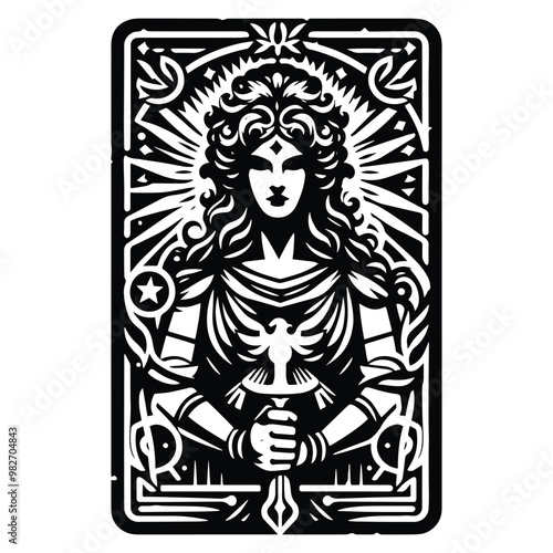 Hera goddess with tarot card in black and white illustrations, cutout graphic